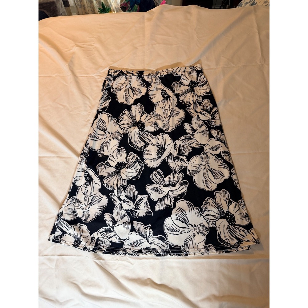 Morgan Taylor Floral Midi Skirt Y2K Large Black White A-Line Stretch Knit Vintag